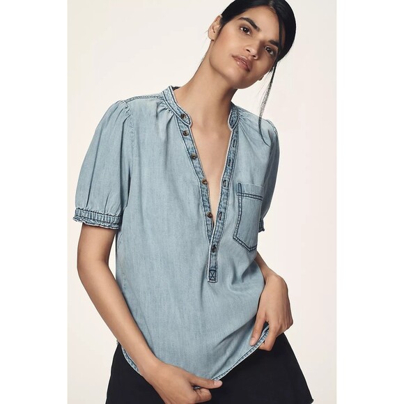 Anthropologie Pilcro The Aly Denim Puff-Sleeve Blouse Top Cotton 1X New 282557 - Picture 4 of 10